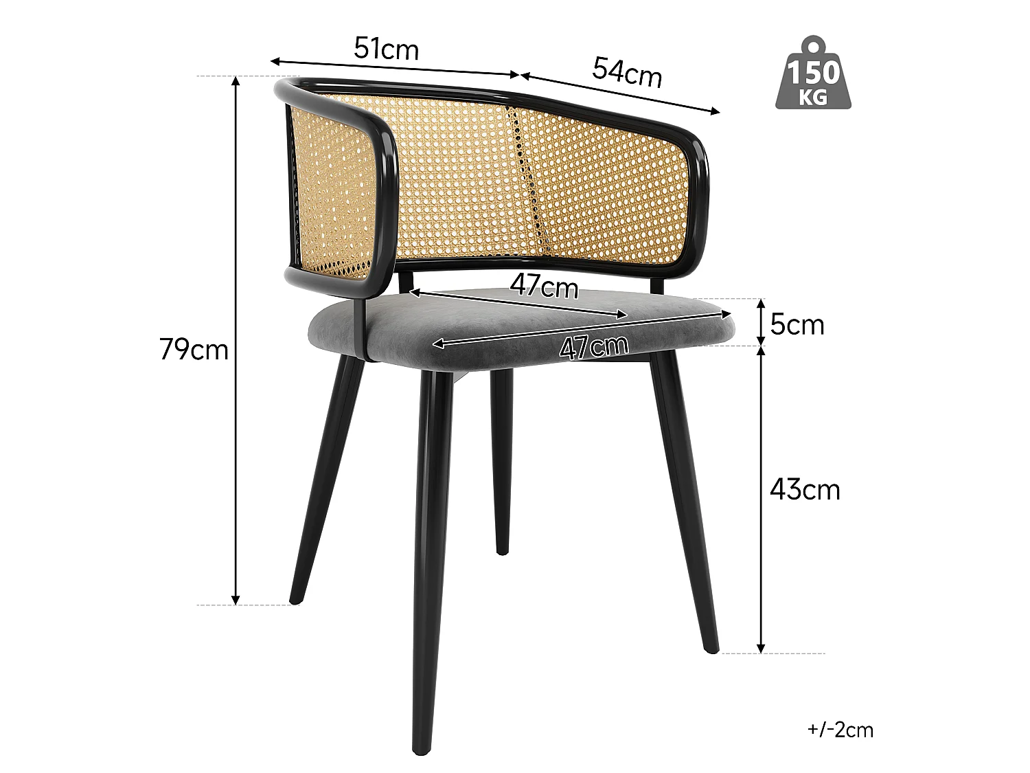 Set di 4 sedie da pranzo in velluto e metallo con schienale in rattan – grigio – per soggiorno e sala da pranzo