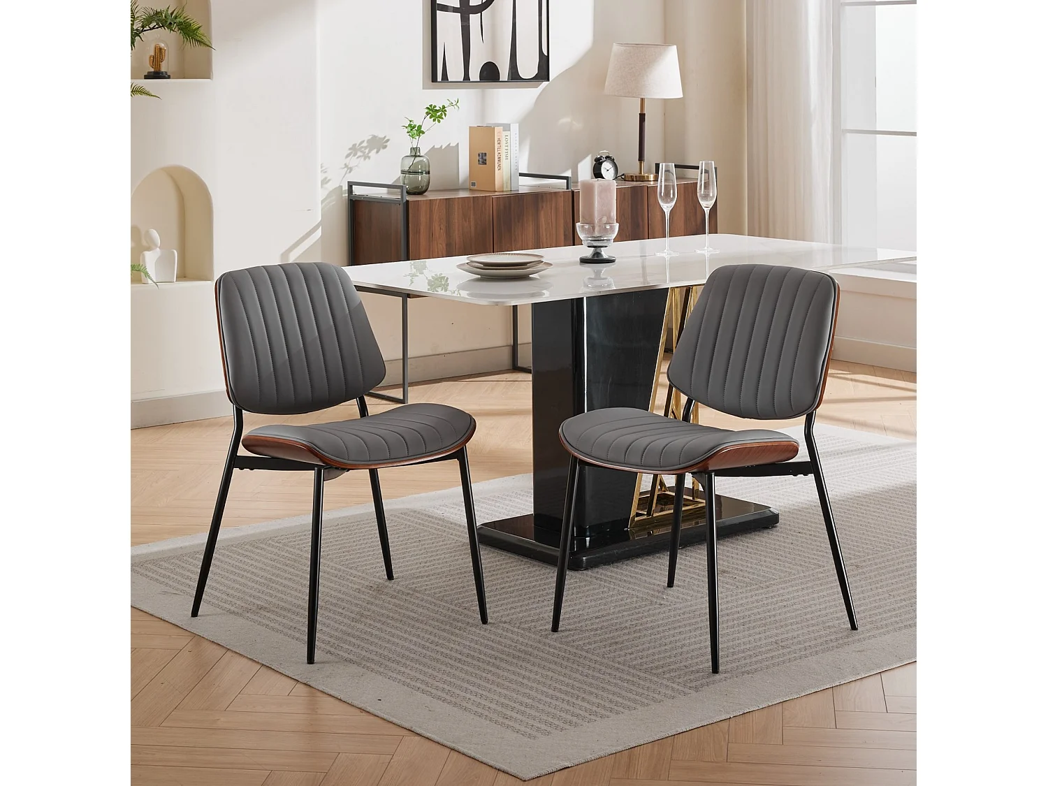 Set van 2 eetkamerstoelen met rugleuning en metalen poten – grijs PU – modern design