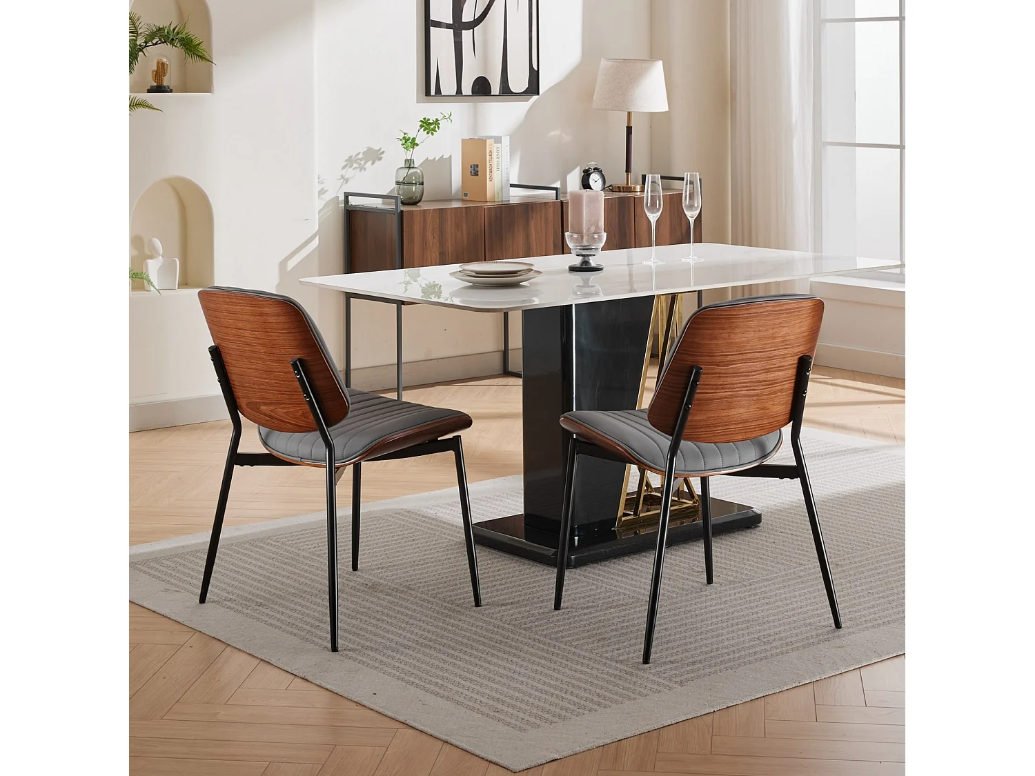 Set van 2 eetkamerstoelen met rugleuning en metalen poten – grijs PU – modern design