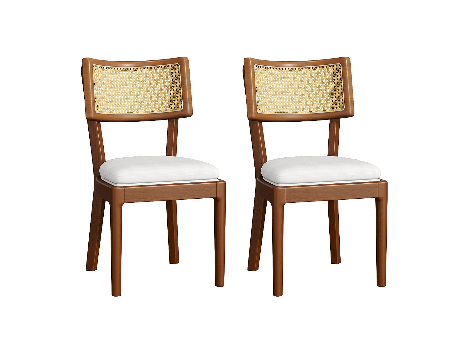 Set van 2 houten eetkamerstoelen met rotan rugleuning en linnen kussen – notenkleur