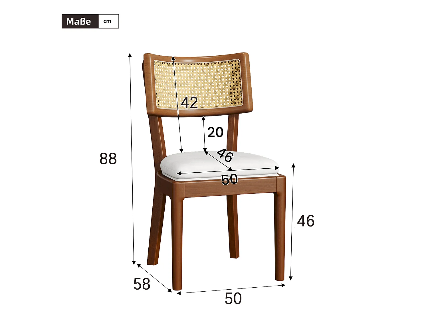 Set van 2 houten eetkamerstoelen met rotan rugleuning en linnen kussen – notenkleur