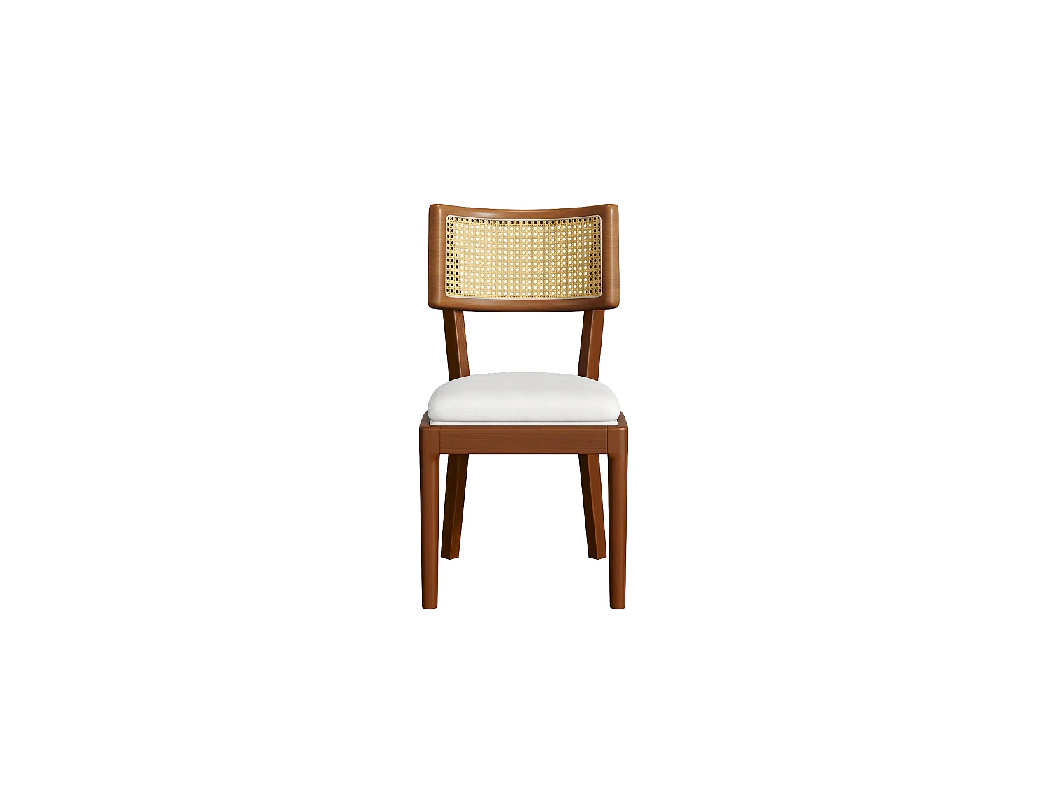Set van 2 houten eetkamerstoelen met rotan rugleuning en linnen kussen – notenkleur