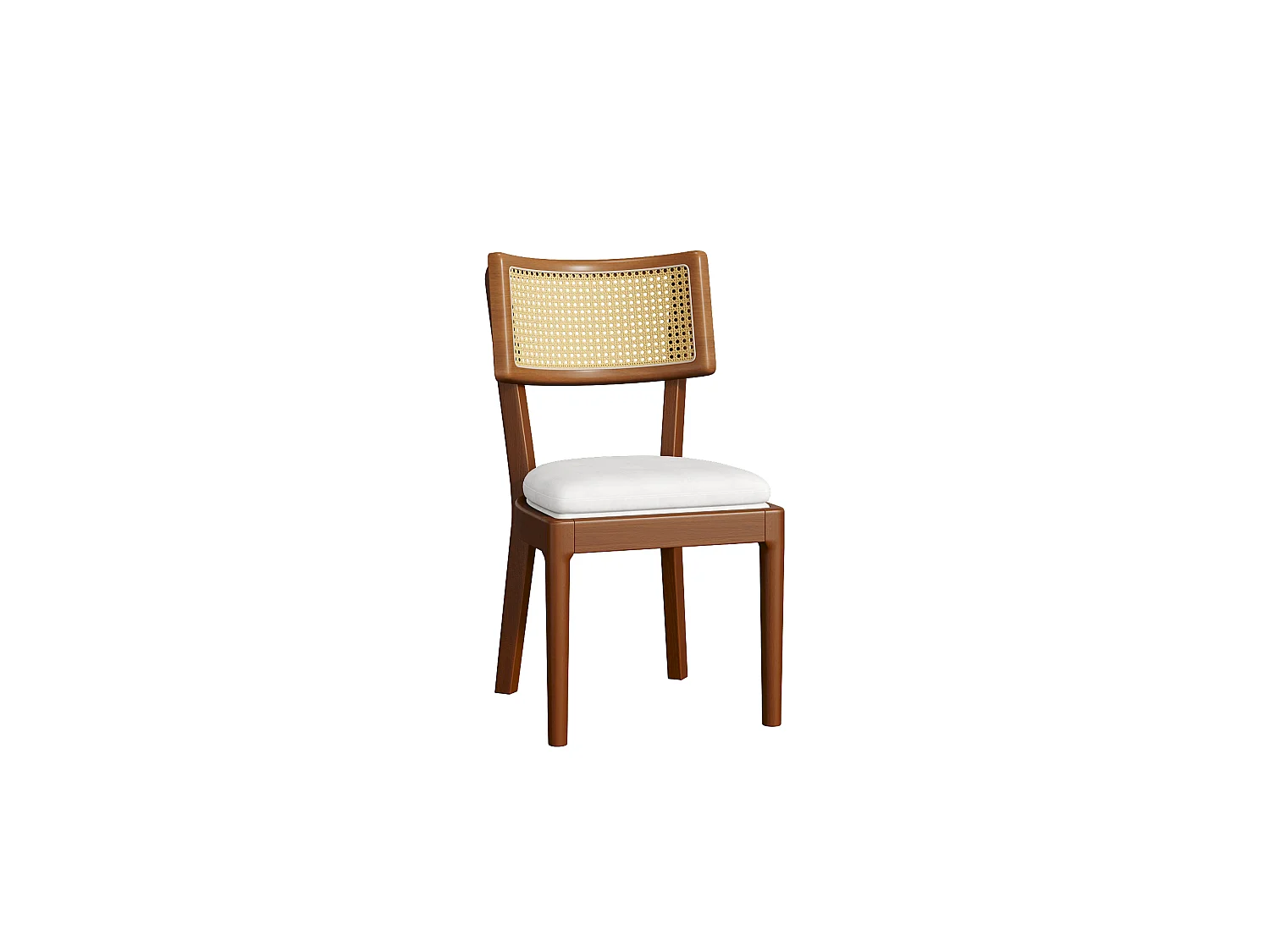 Set van 2 houten eetkamerstoelen met rotan rugleuning en linnen kussen – notenkleur
