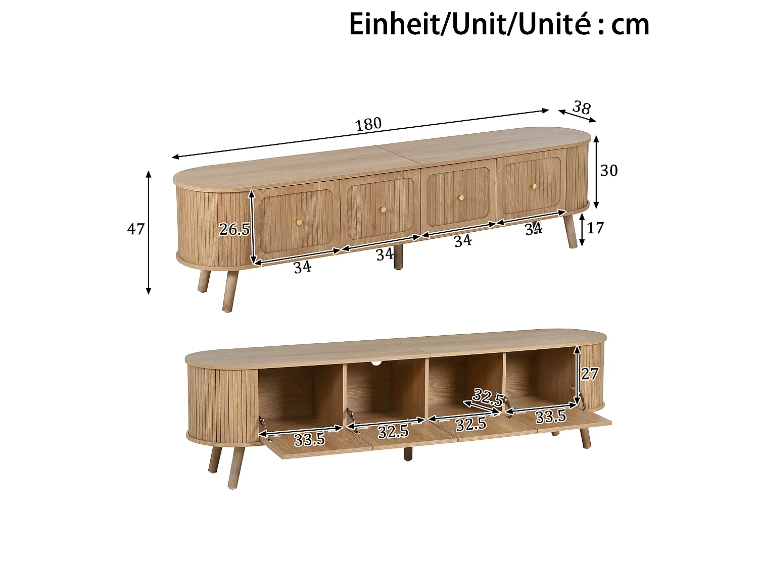 TV-Schrank Eiche 180x38x47 cm mit 4 Klapptüren, goldfarbenen Griffen, Holzfüßen