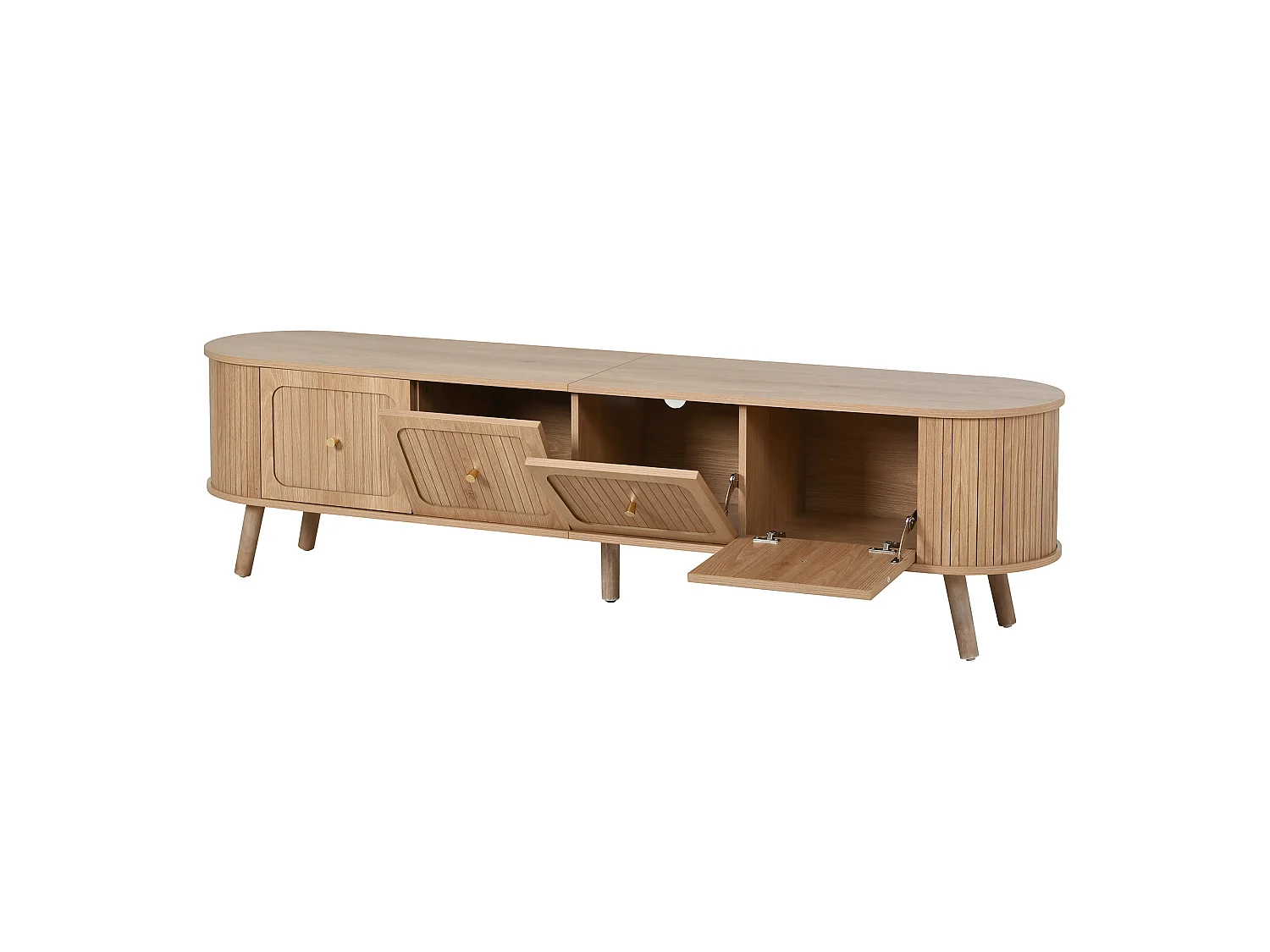 TV-Schrank Eiche 180x38x47 cm mit 4 Klapptüren, goldfarbenen Griffen, Holzfüßen