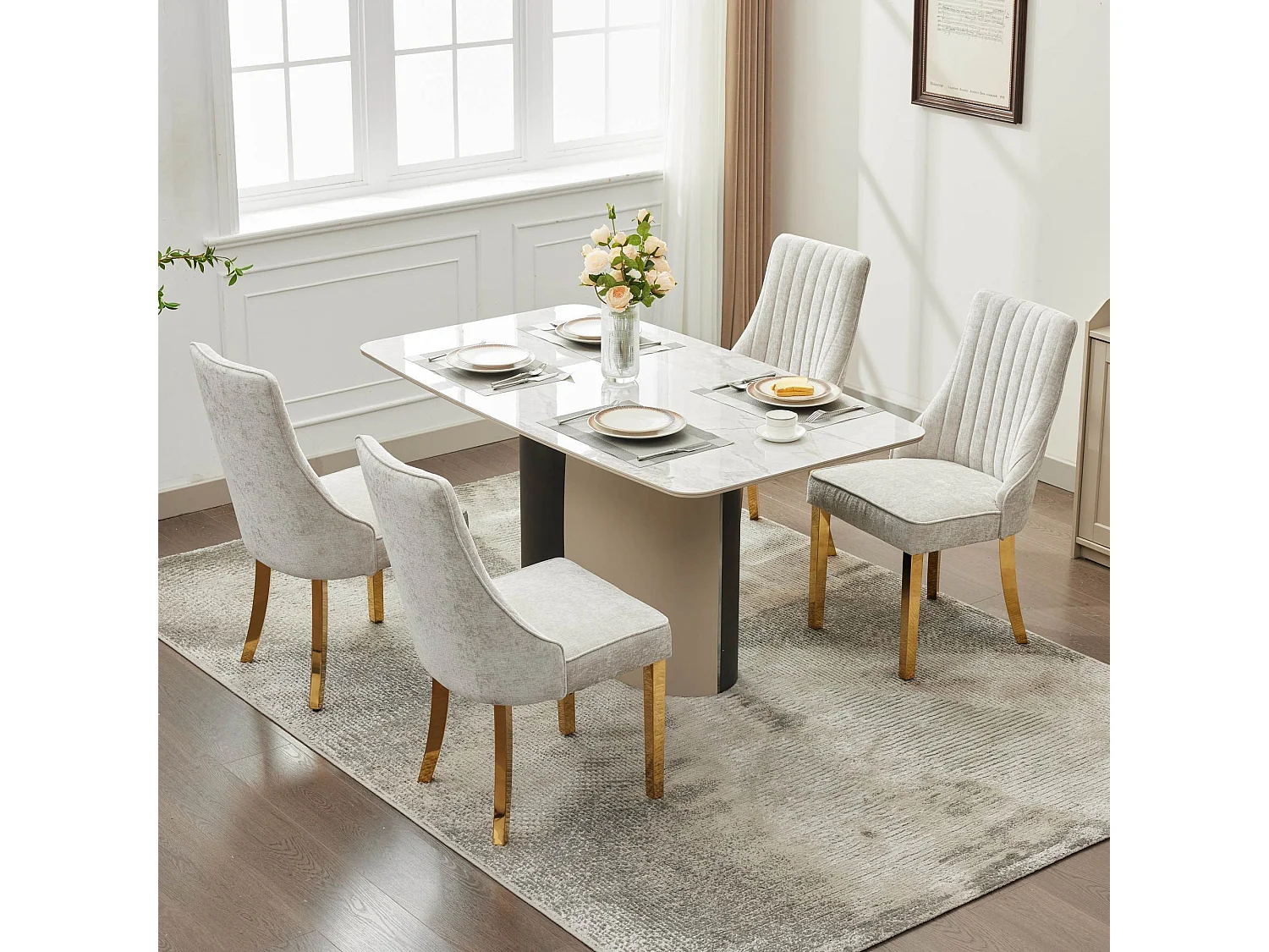 Lot de 2 chaises de salle à manger rembourrées en chenille avec dossier haut et pieds plaqués acier doré, beige