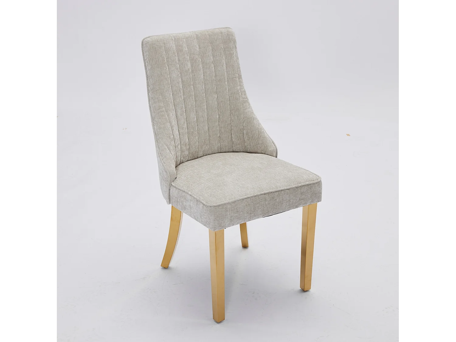 Lot de 2 chaises de salle à manger rembourrées en chenille avec dossier haut et pieds plaqués acier doré, beige