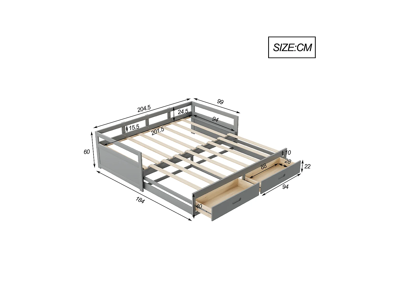 Lit banquette 90/180x200 cm avec lit gigogne - avec 2 tiroirs - gris - sans matelas