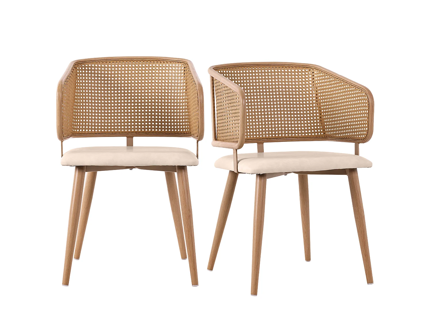 Juego de 2 sillas de comedor en ratán y similicuir, patas metálicas efecto madera – natural y beige
