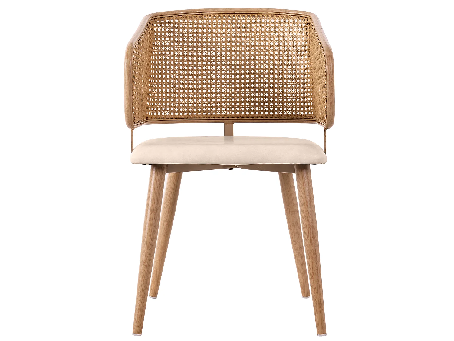 Juego de 2 sillas de comedor en ratán y similicuir, patas metálicas efecto madera – natural y beige