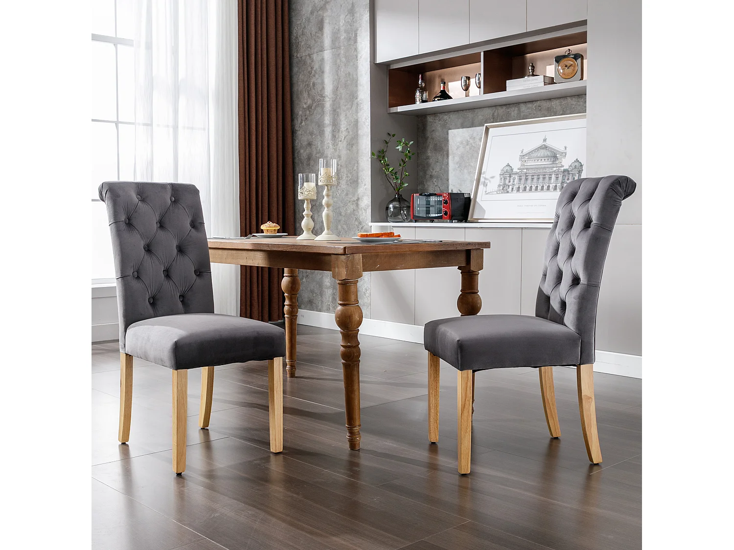 Juego de 2 sillas de terciopelo con respaldo acolchado, patas de roble - gris - para salón y comedor