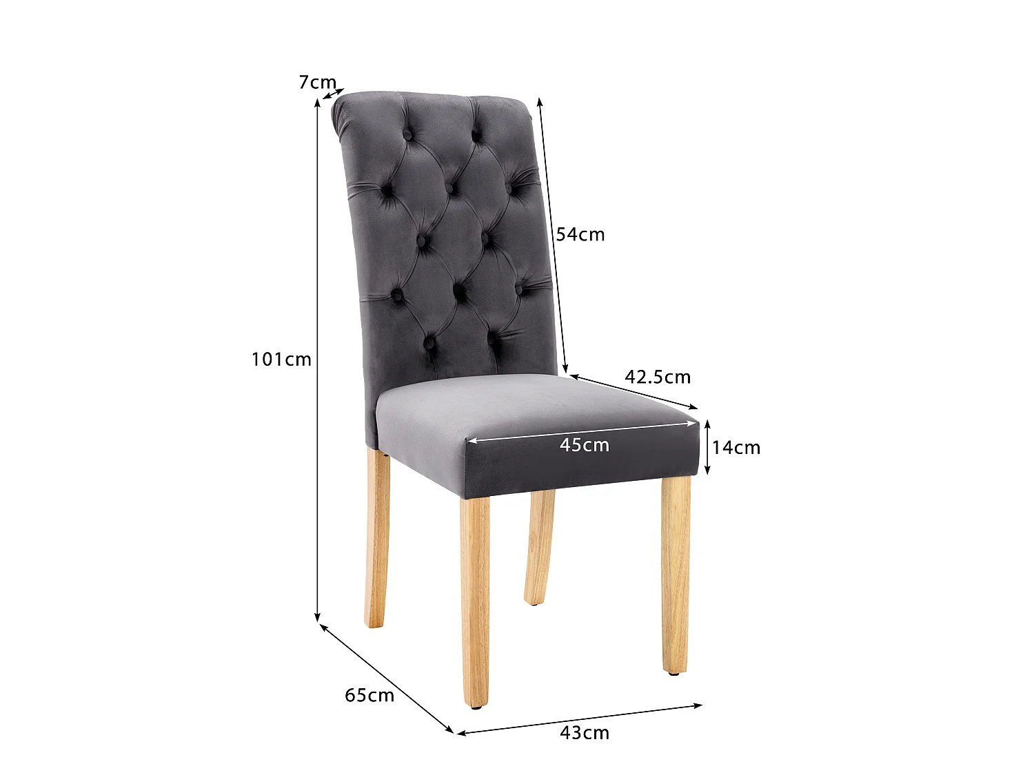Juego de 2 sillas de terciopelo con respaldo acolchado, patas de roble - gris - para salón y comedor