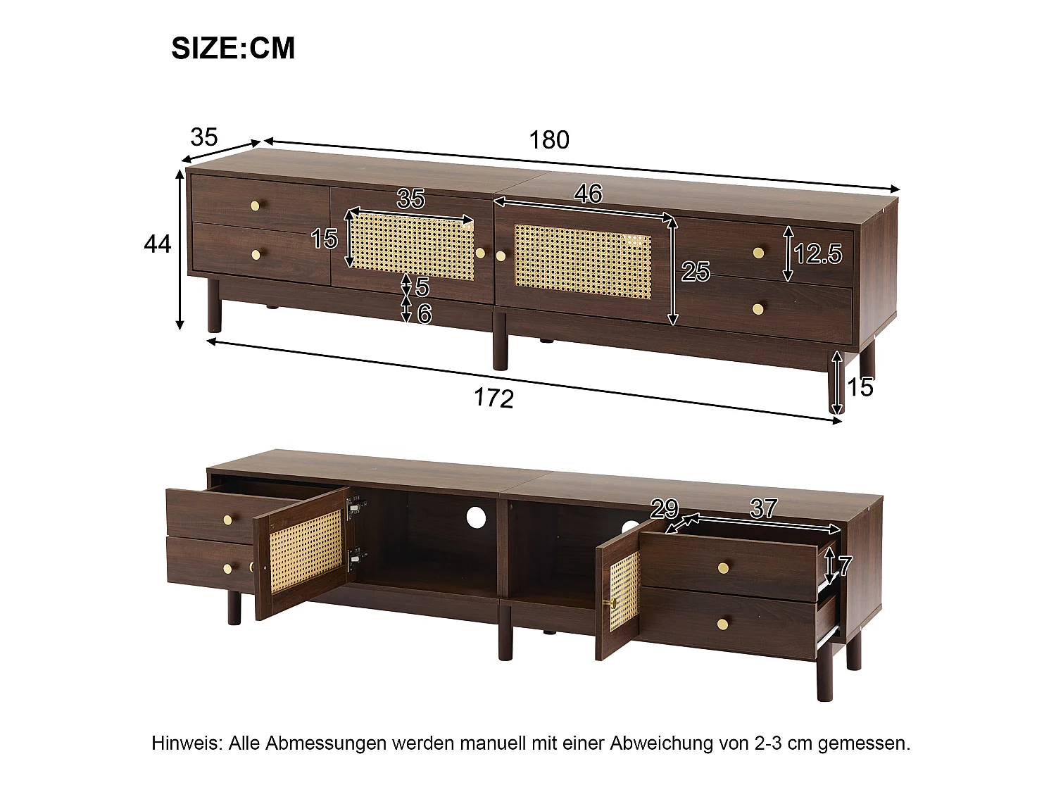 Meuble tv marron 180x35x44 cm avec 2 portes en rotin, 4 tiroirs, passe-câbles et charnières hydrauliques