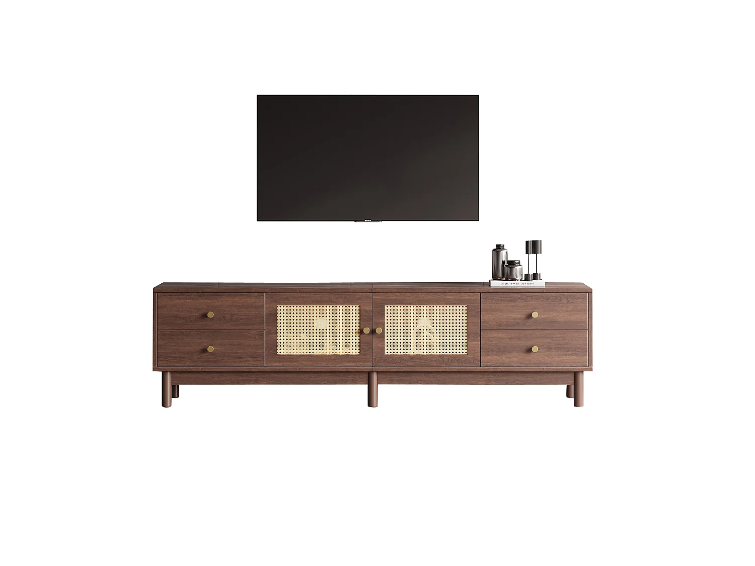 Meuble tv marron 180x35x44 cm avec 2 portes en rotin, 4 tiroirs, passe-câbles et charnières hydrauliques