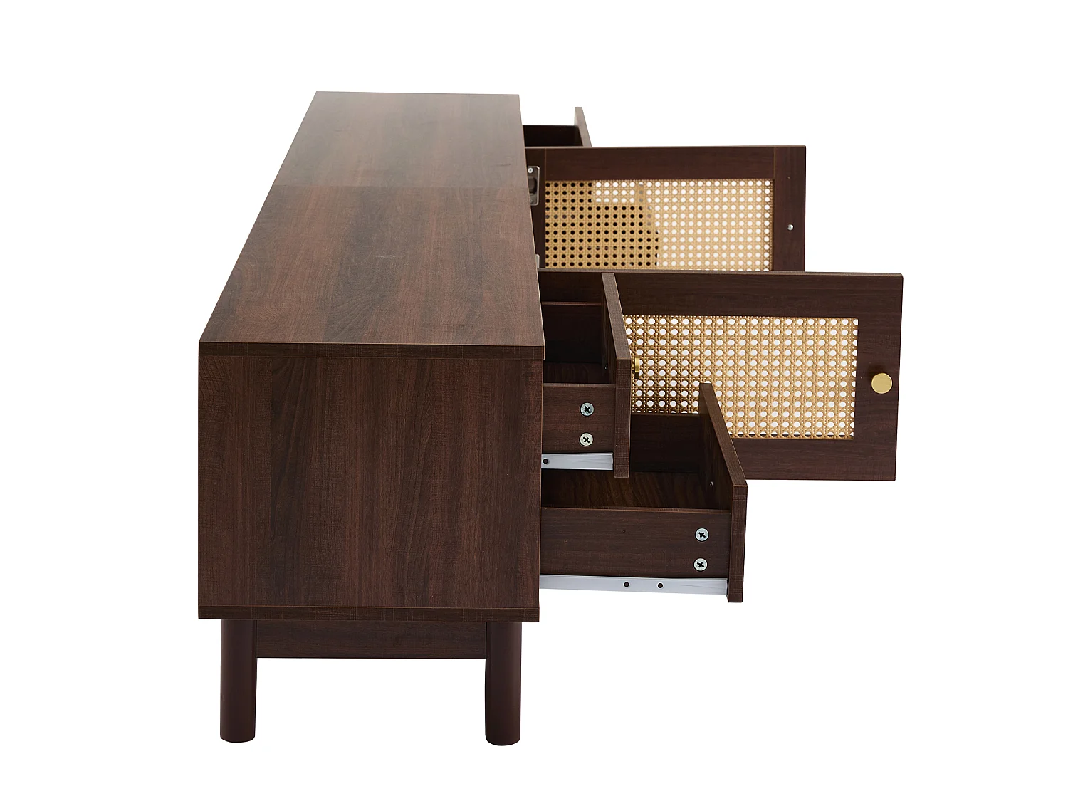 Meuble tv marron 180x35x44 cm avec 2 portes en rotin, 4 tiroirs, passe-câbles et charnières hydrauliques