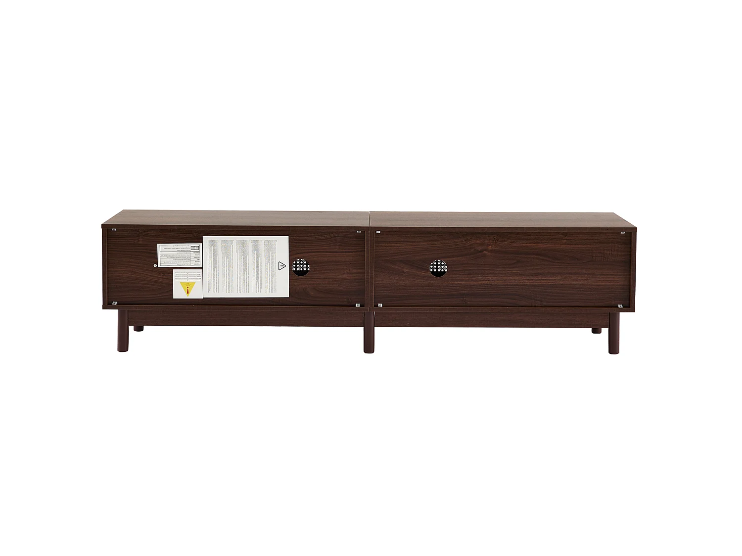 Meuble tv marron 180x35x44 cm avec 2 portes en rotin, 4 tiroirs, passe-câbles et charnières hydrauliques