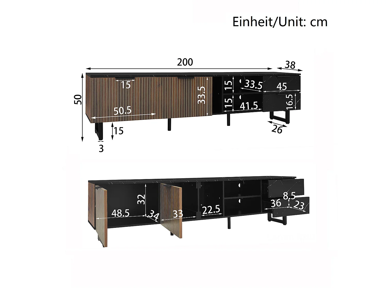 Szafka RTV czarna efekt marmur 200x38x50 cm z led wielokolorowym, 2 drzwiami, 2 szufladami i 2 wnękami