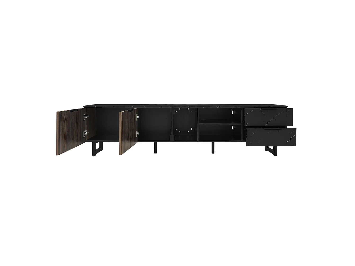 Szafka RTV czarna efekt marmur 200x38x50 cm z led wielokolorowym, 2 drzwiami, 2 szufladami i 2 wnękami
