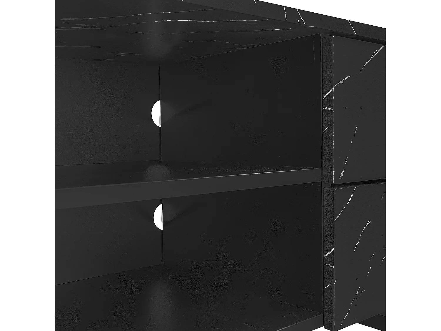 Szafka RTV czarna efekt marmur 200x38x50 cm z led wielokolorowym, 2 drzwiami, 2 szufladami i 2 wnękami