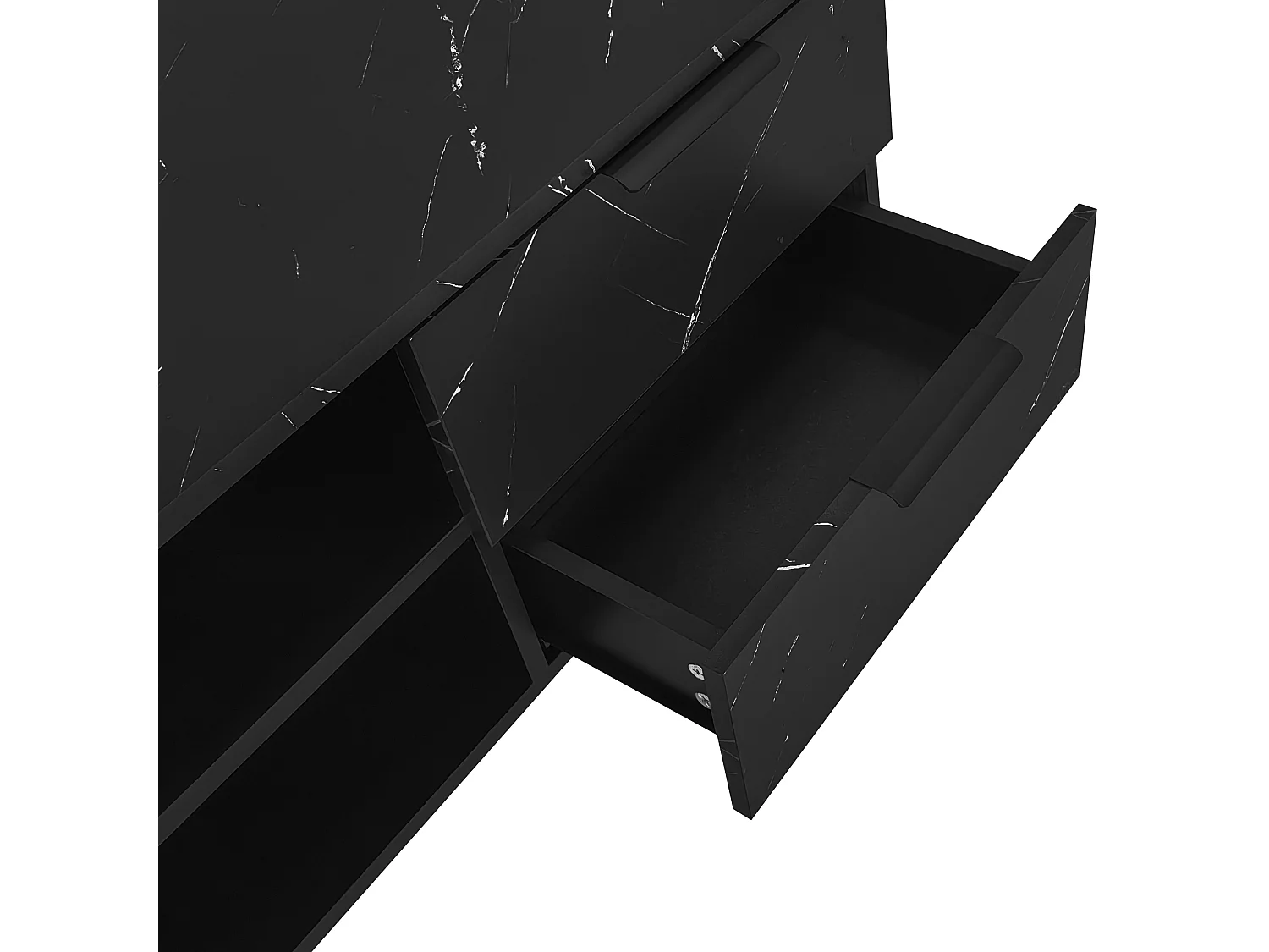Szafka RTV czarna efekt marmur 200x38x50 cm z led wielokolorowym, 2 drzwiami, 2 szufladami i 2 wnękami
