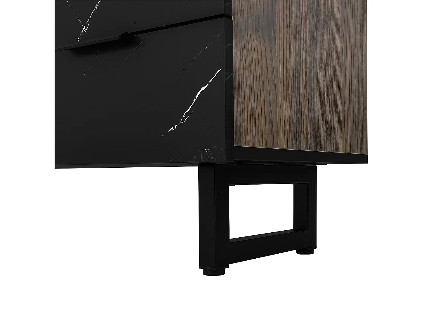 Szafka RTV czarna efekt marmur 200x38x50 cm z led wielokolorowym, 2 drzwiami, 2 szufladami i 2 wnękami