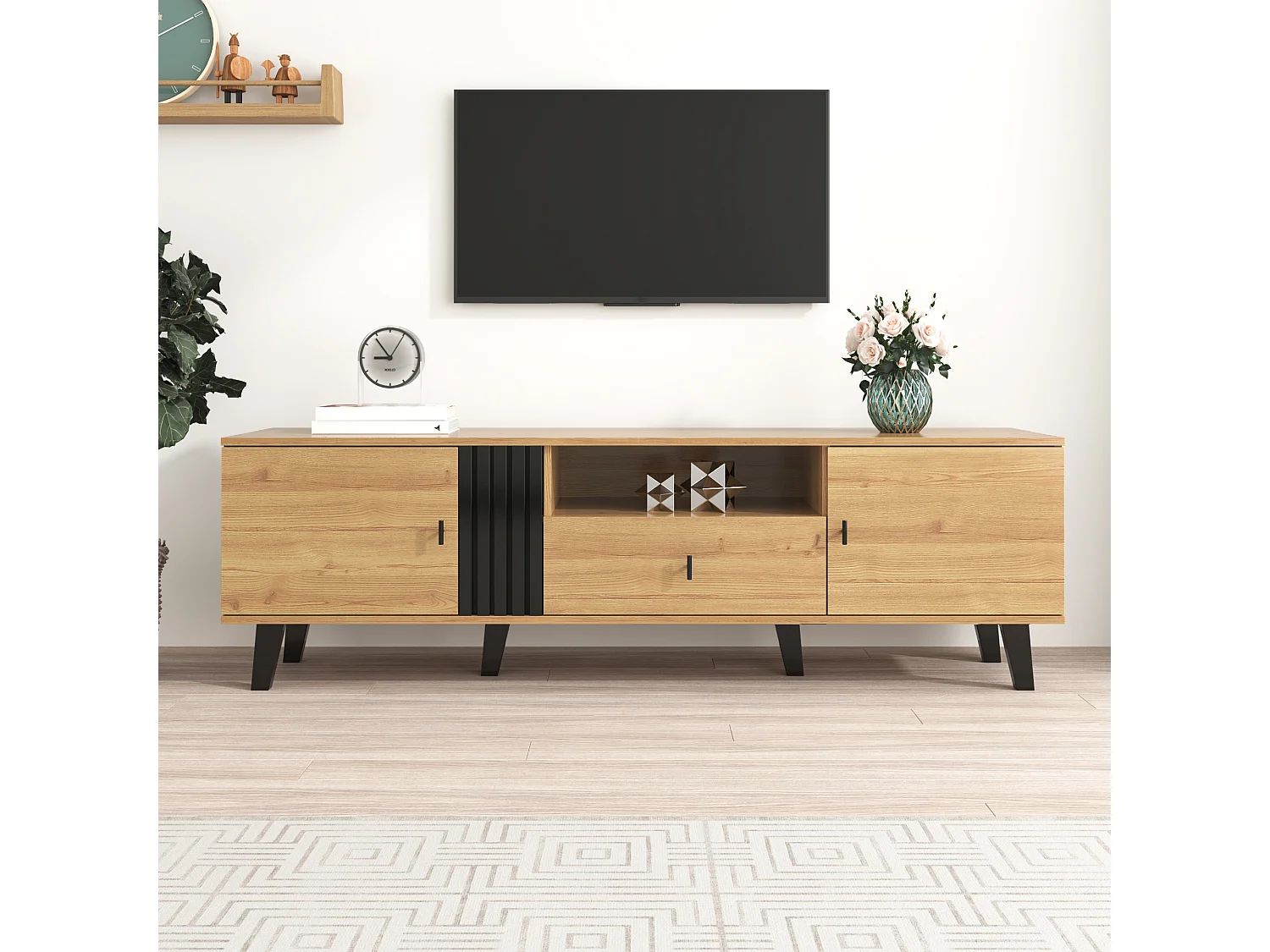 Zwart en houten tv-meubel 170x40x50,5 cm met 2 deuren, 1 vak, 1 lade en plastic poten