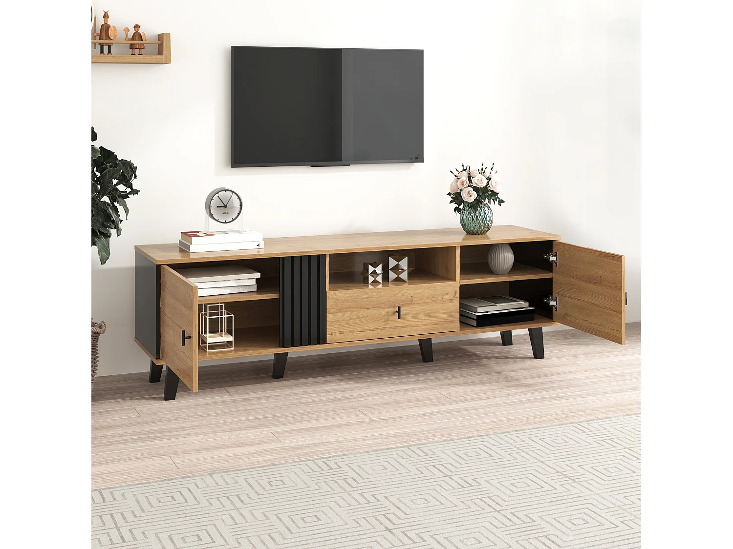 Zwart en houten tv-meubel 170x40x50,5 cm met 2 deuren, 1 vak, 1 lade en plastic poten