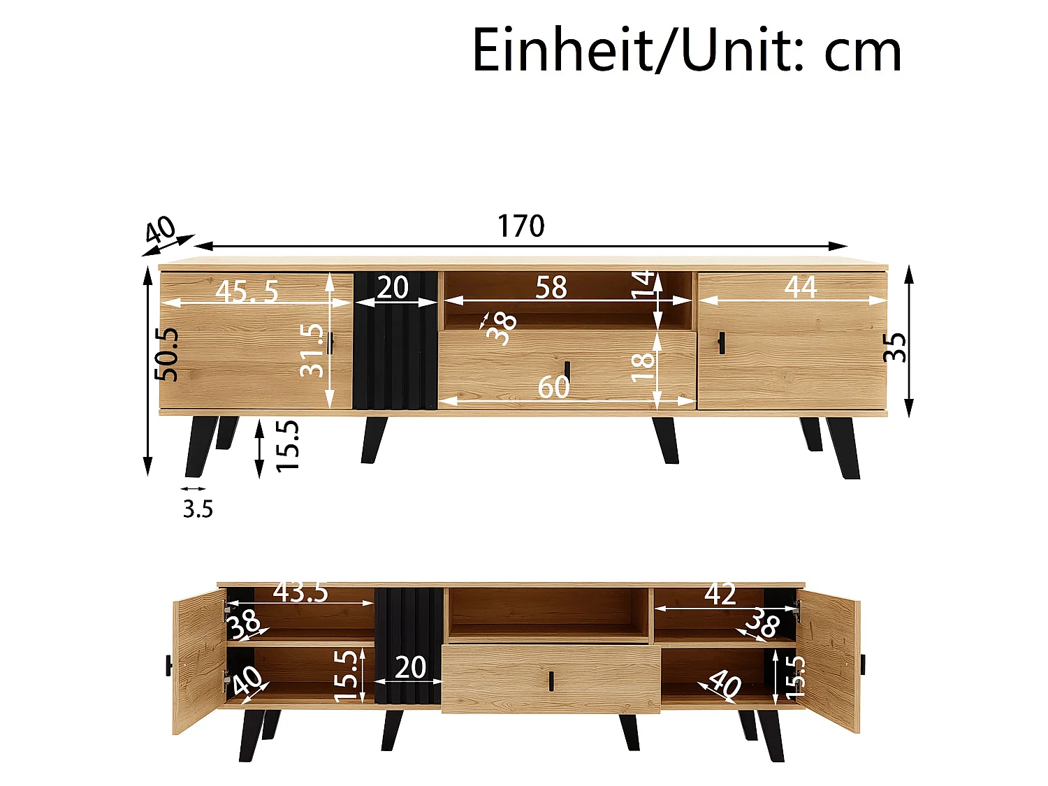 Zwart en houten tv-meubel 170x40x50,5 cm met 2 deuren, 1 vak, 1 lade en plastic poten