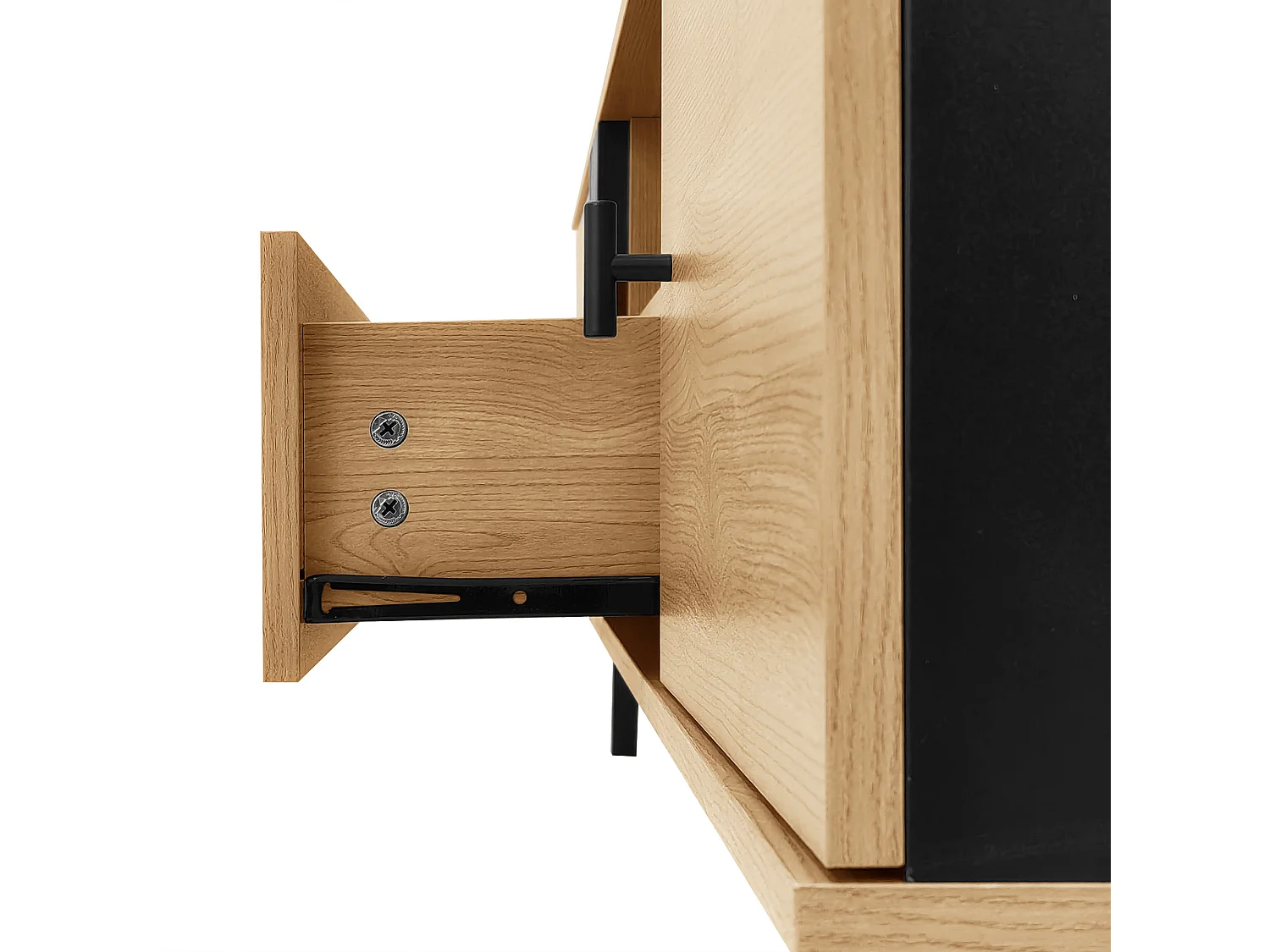 Zwart en houten tv-meubel 170x40x50,5 cm met 2 deuren, 1 vak, 1 lade en plastic poten