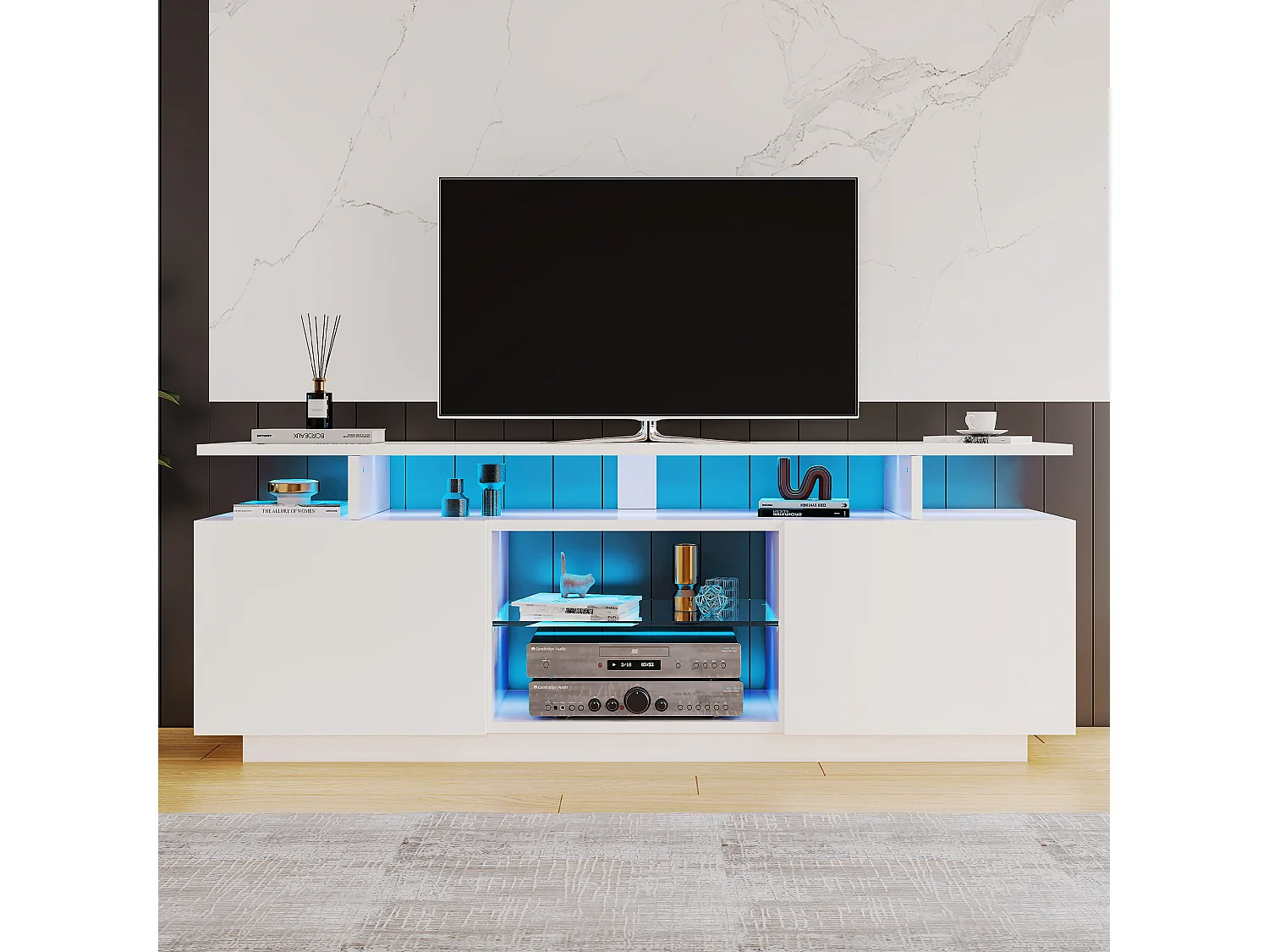 Szafka RTV biała 140x35x55 cm z led sterowaną aplikacją, 2 błyszczącymi drzwiami i 5 wnękami