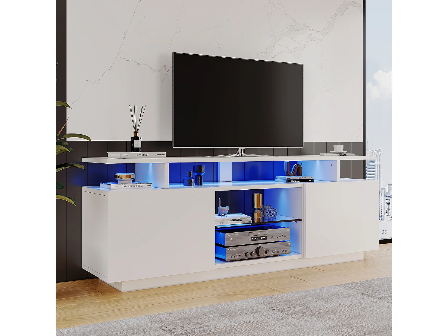 Szafka RTV biała 140x35x55 cm z led sterowaną aplikacją, 2 błyszczącymi drzwiami i 5 wnękami