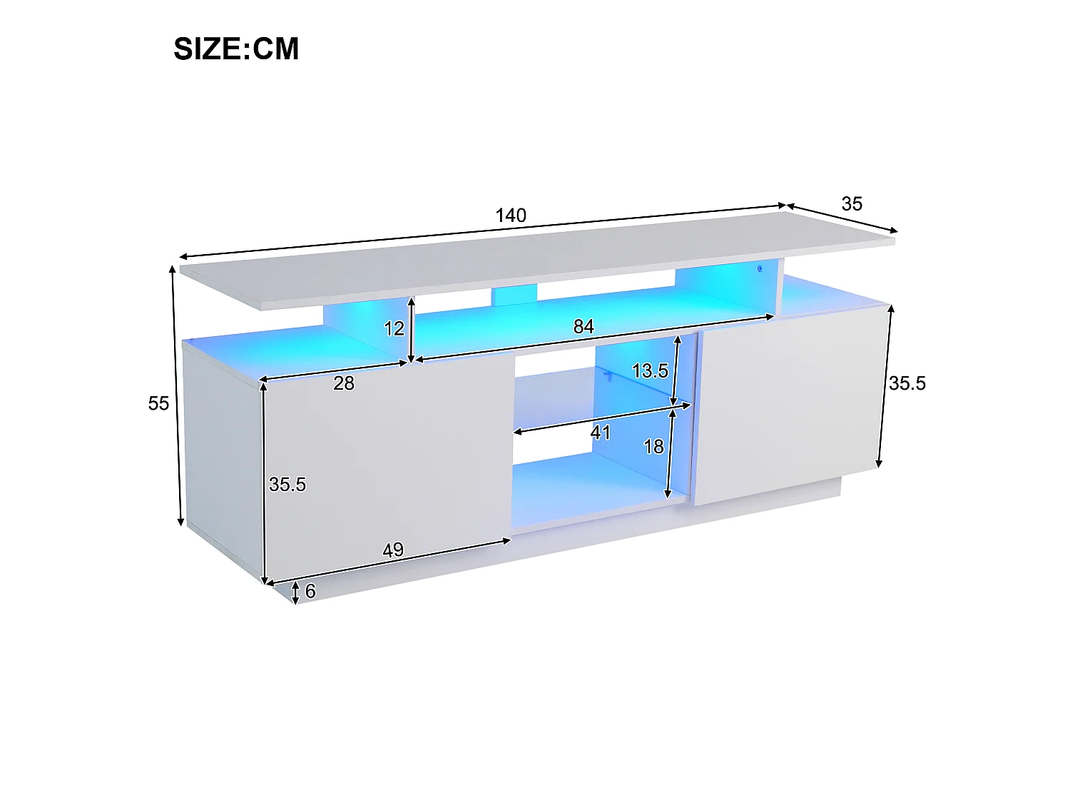 Szafka RTV biała 140x35x55 cm z led sterowaną aplikacją, 2 błyszczącymi drzwiami i 5 wnękami