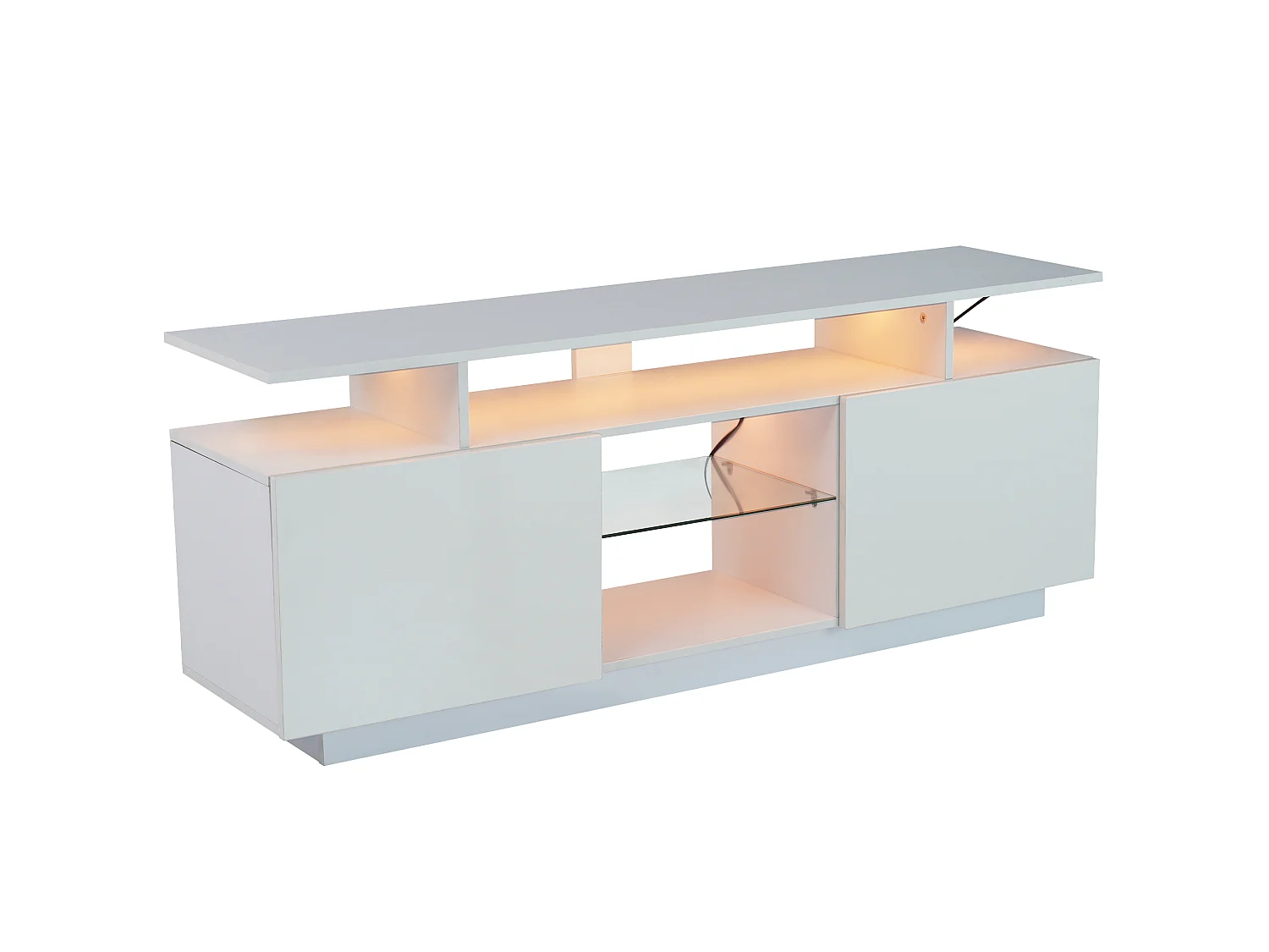Szafka RTV biała 140x35x55 cm z led sterowaną aplikacją, 2 błyszczącymi drzwiami i 5 wnękami