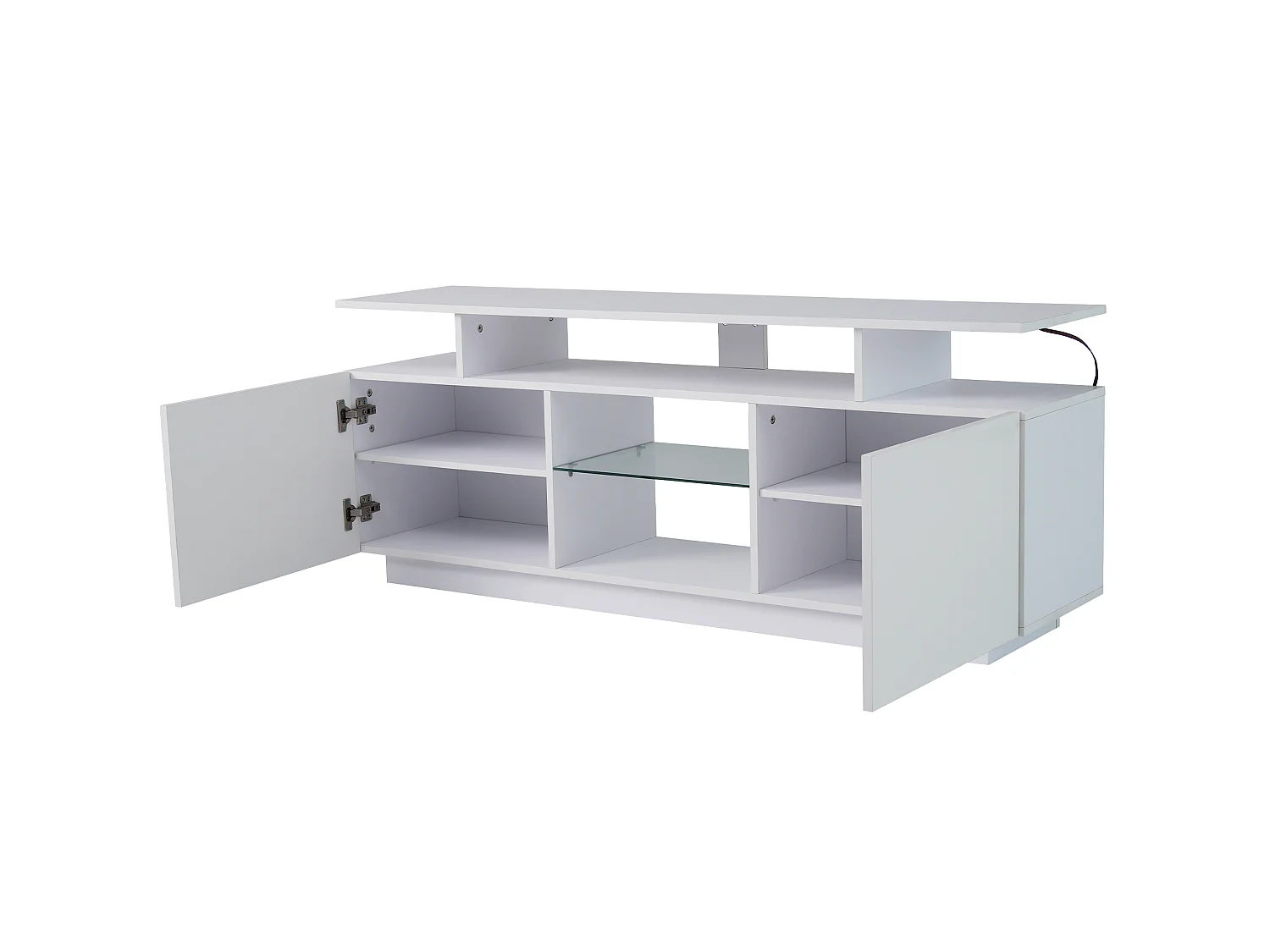 Szafka RTV biała 140x35x55 cm z led sterowaną aplikacją, 2 błyszczącymi drzwiami i 5 wnękami