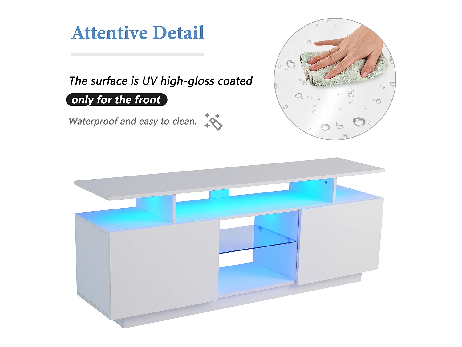 Szafka RTV biała 140x35x55 cm z led sterowaną aplikacją, 2 błyszczącymi drzwiami i 5 wnękami