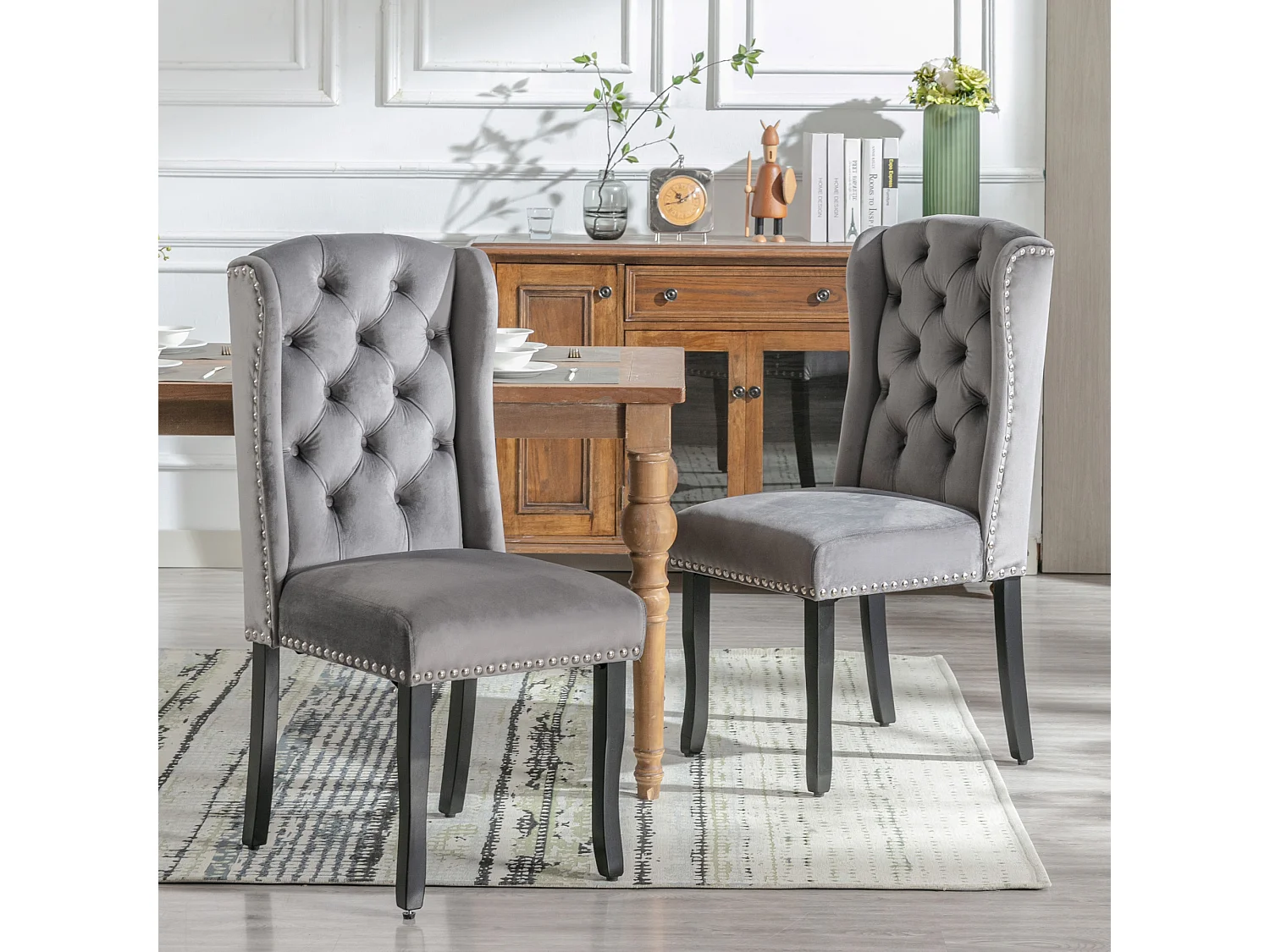 Set di 4 sedie da pranzo in velluto con gambe in rovere, bottoni e borchie argentate - grigio