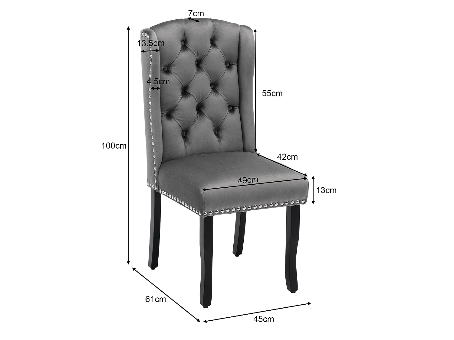 Set di 4 sedie da pranzo in velluto con gambe in rovere, bottoni e borchie argentate - grigio
