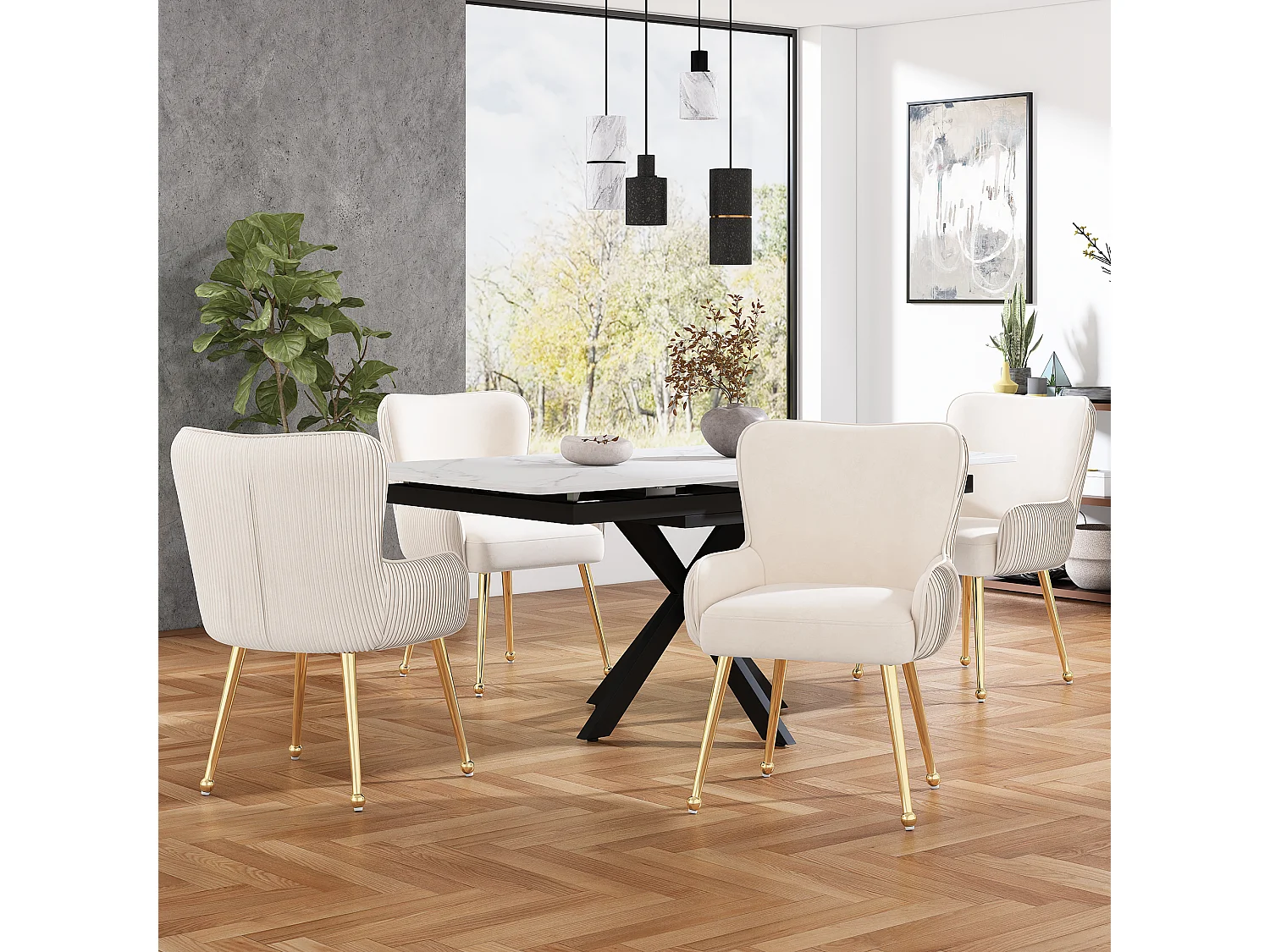 Juego de 6 sillas de comedor de terciopelo con reposabrazos, patas metálicas doradas – beige