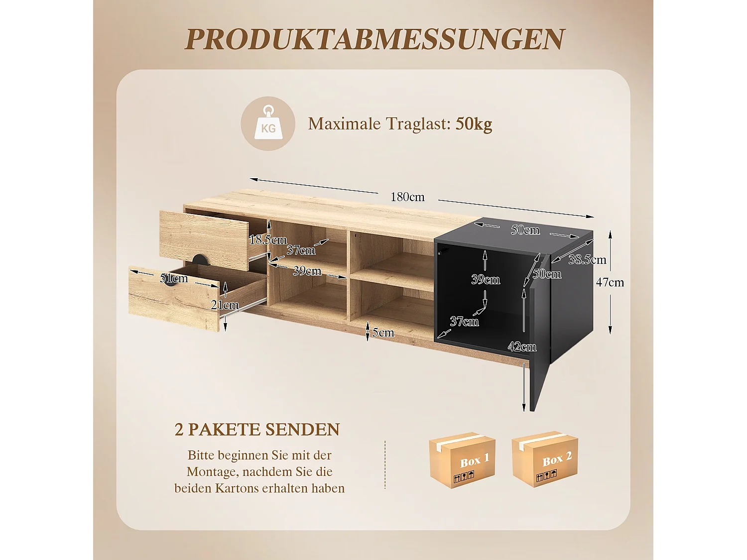 Mobile TV nero e tono legno naturale 180x38,5x47 cm con led, 1 cassetto, nicchie aperte e 1 armadio