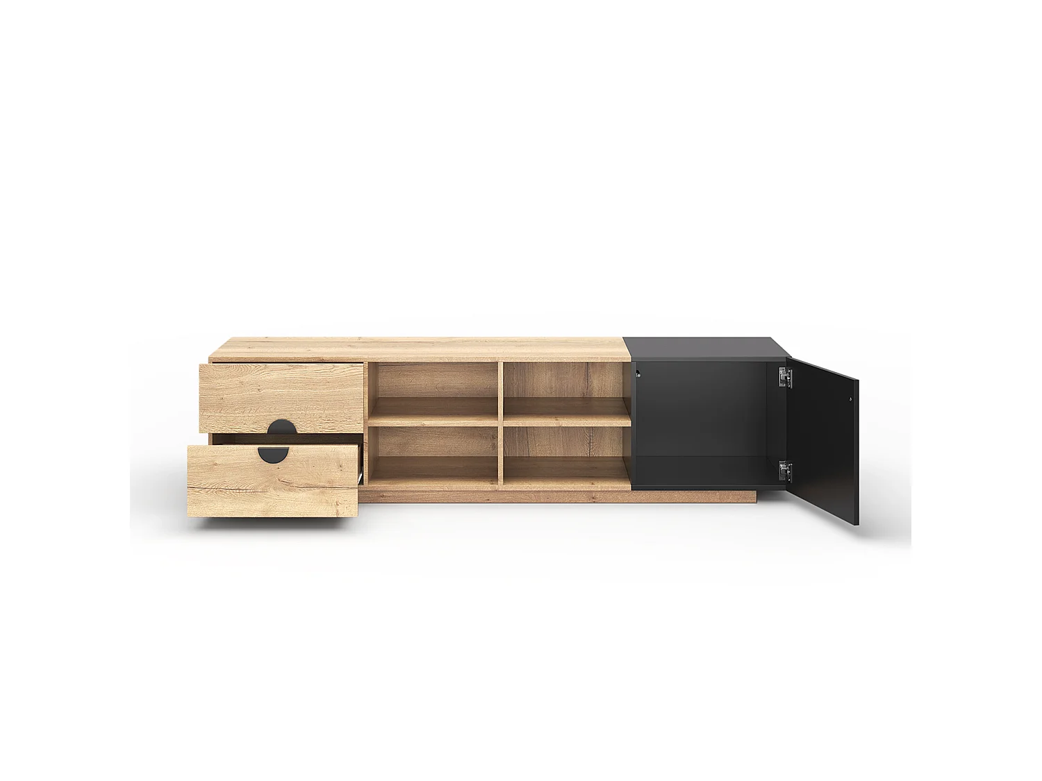 Mobile TV nero e tono legno naturale 180x38,5x47 cm con led, 1 cassetto, nicchie aperte e 1 armadio