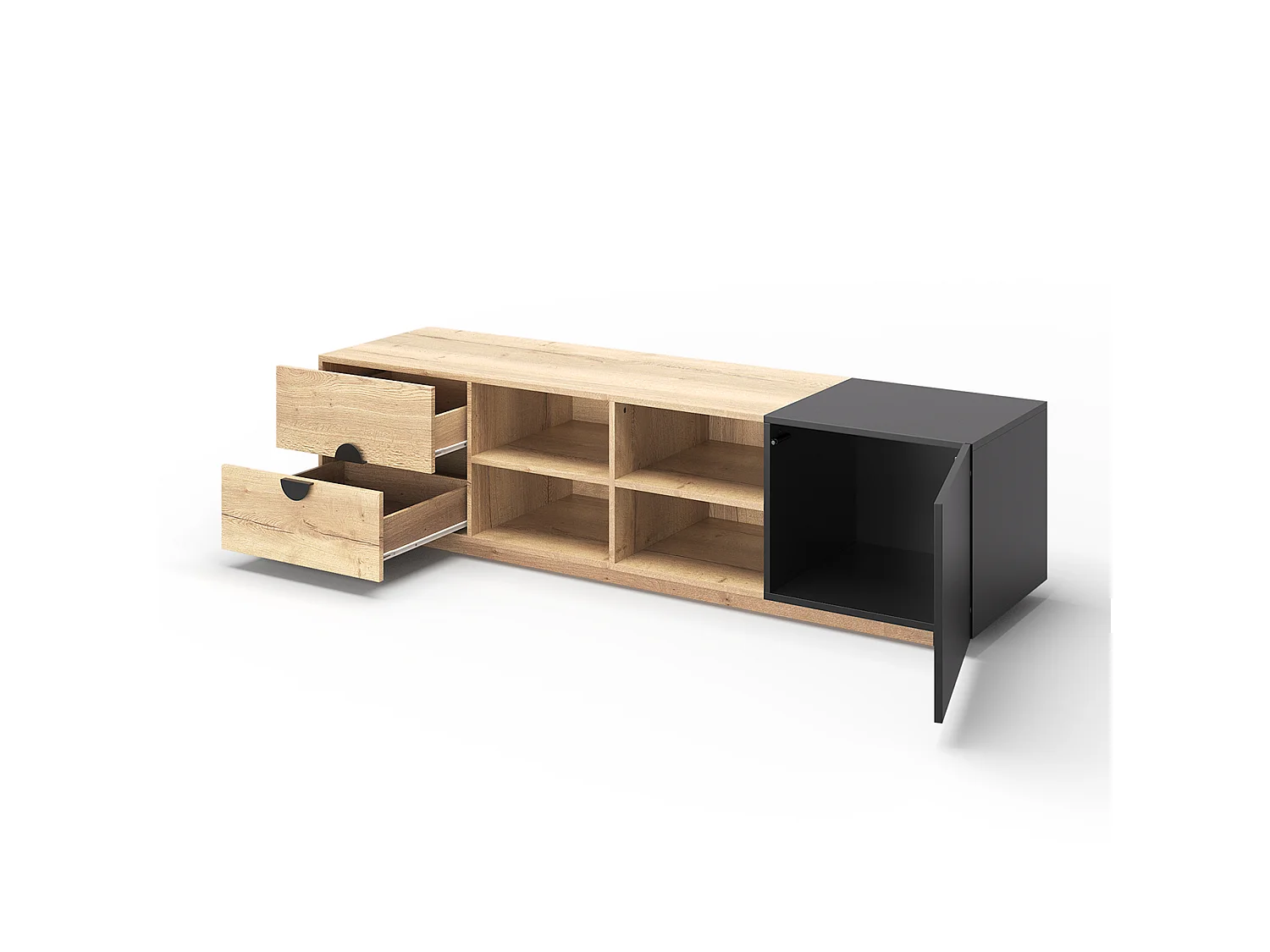 Mobile TV nero e tono legno naturale 180x38,5x47 cm con led, 1 cassetto, nicchie aperte e 1 armadio