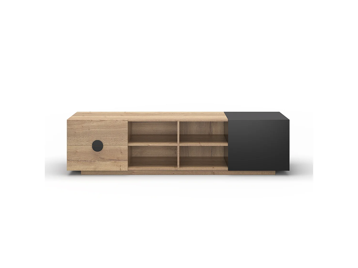 Mobile TV nero e tono legno naturale 180x38,5x47 cm con led, 1 cassetto, nicchie aperte e 1 armadio