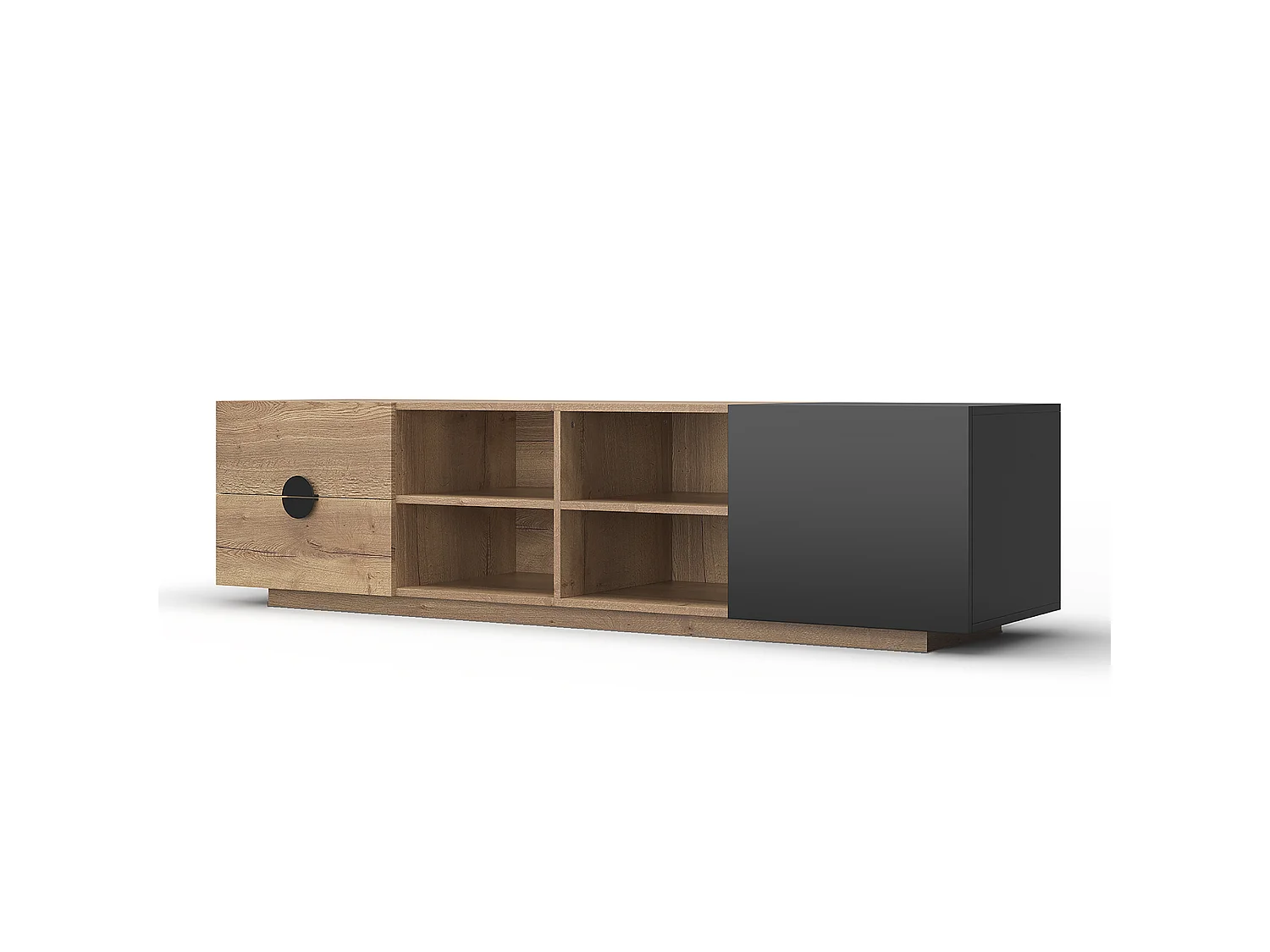 Mobile TV nero e tono legno naturale 180x38,5x47 cm con led, 1 cassetto, nicchie aperte e 1 armadio