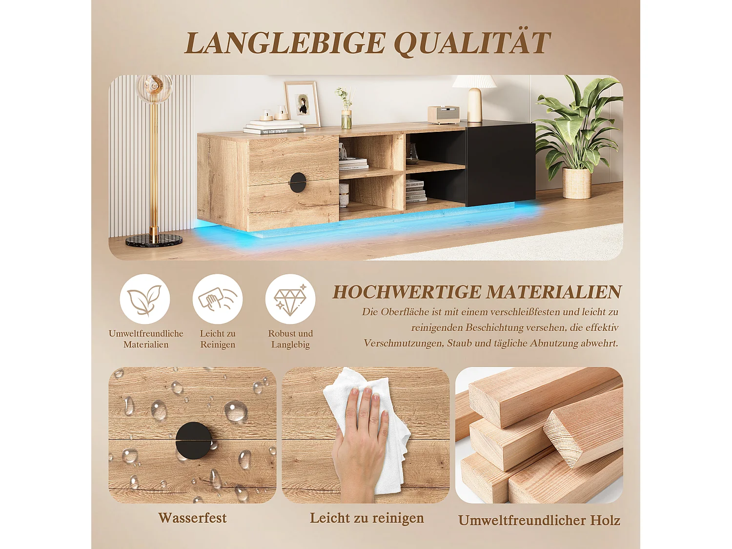 Mobile TV nero e tono legno naturale 180x38,5x47 cm con led, 1 cassetto, nicchie aperte e 1 armadio