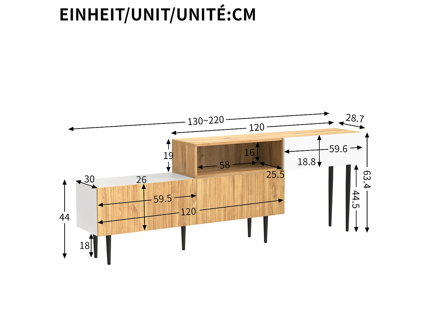 Szafka RTV biała i drewno 120+120x30x63,5 cm modułowa z 3 drzwiami uchylnymi i przepustem