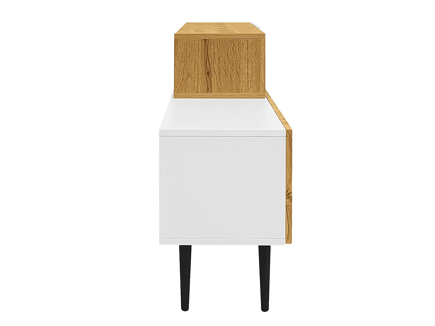 Szafka RTV biała i drewno 120+120x30x63,5 cm modułowa z 3 drzwiami uchylnymi i przepustem