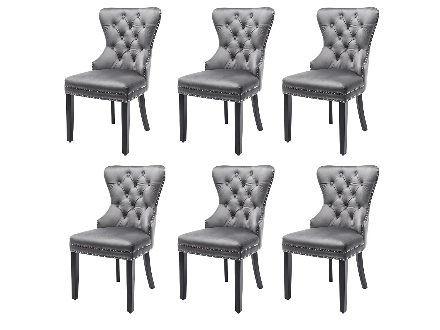 Juego de 6 sillas de comedor de terciopelo, decoración con remaches, estructura de madera – gris