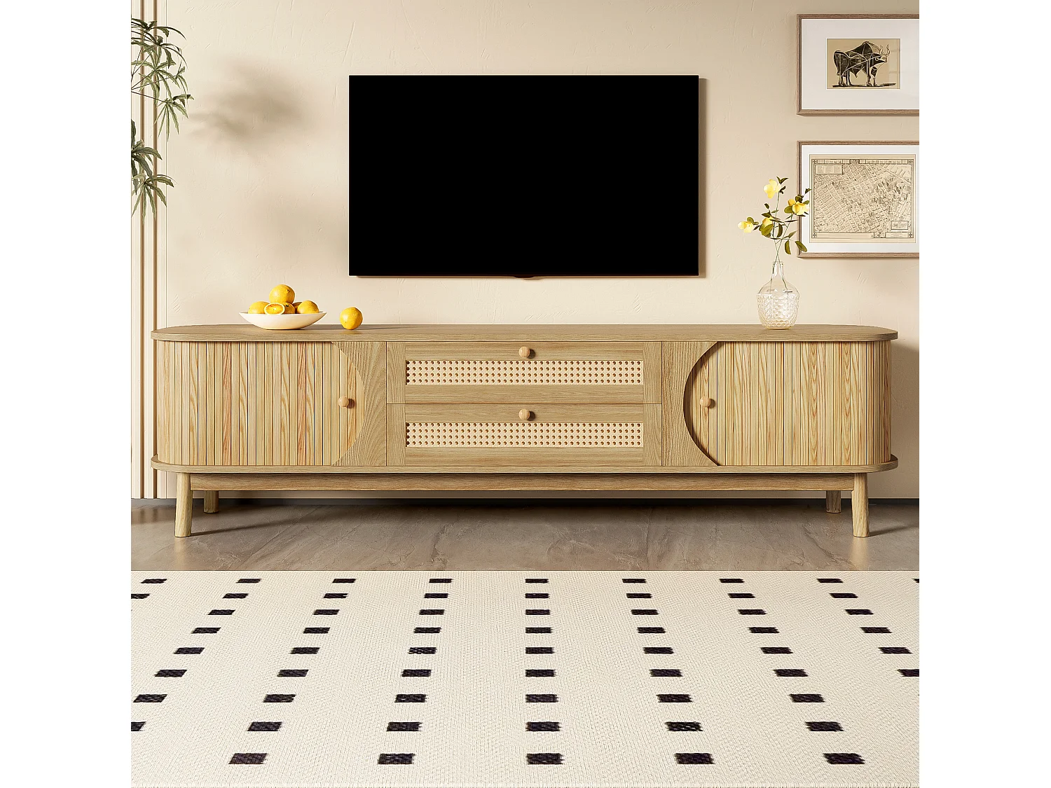 Natuurlijk tv-meubel 170x39,5x46 cm met deuren, rattan laden, schuifdeur en houten poten