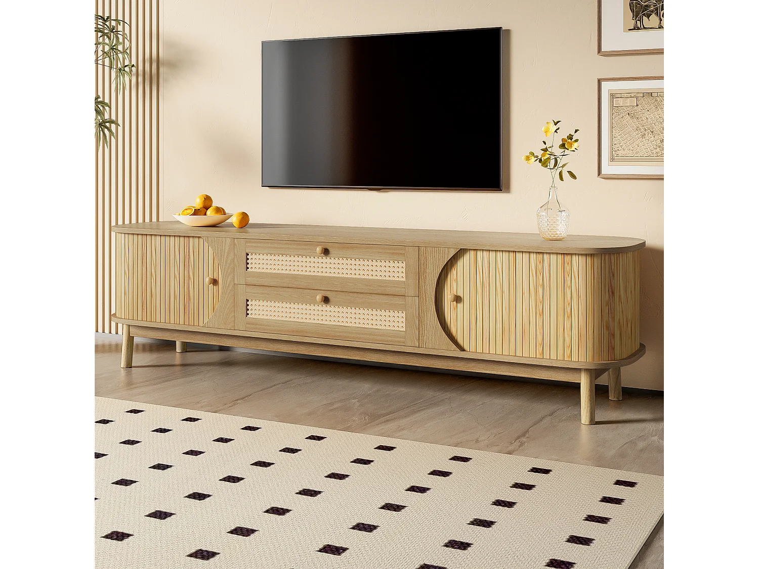 Natuurlijk tv-meubel 170x39,5x46 cm met deuren, rattan laden, schuifdeur en houten poten