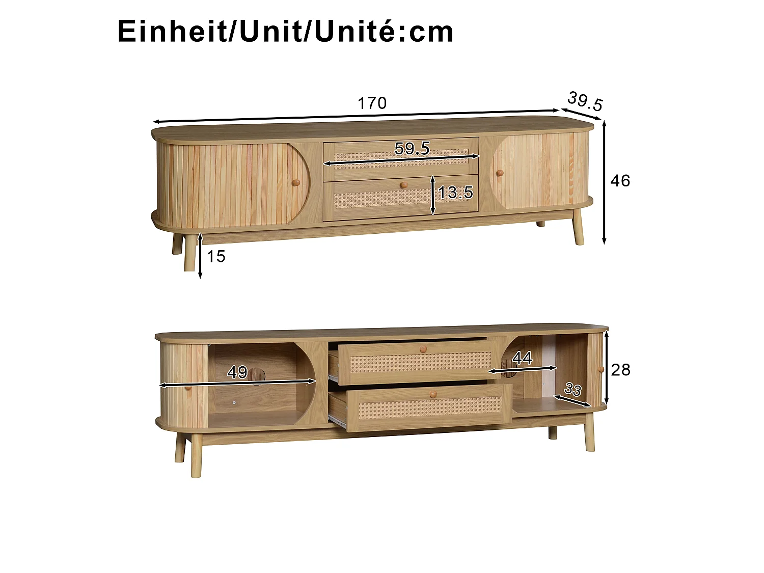 Natuurlijk tv-meubel 170x39,5x46 cm met deuren, rattan laden, schuifdeur en houten poten